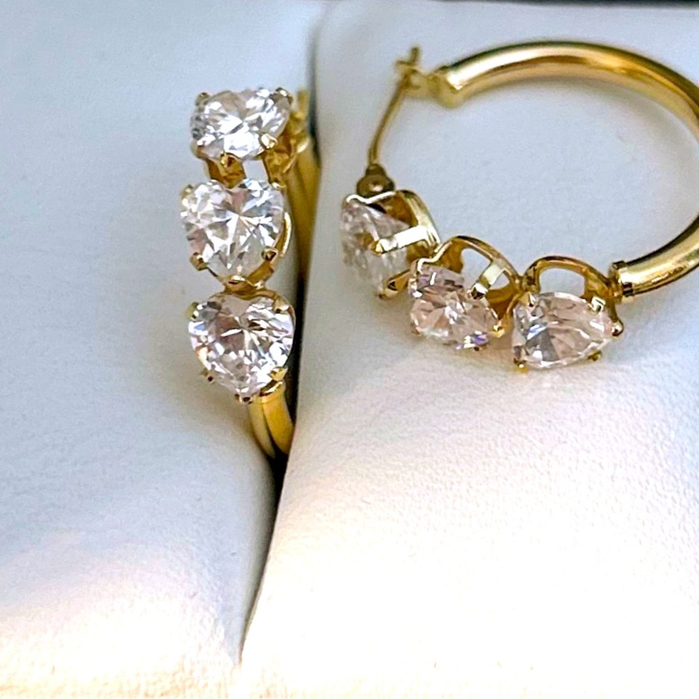 14 karat Gold hoop earrings, heart shaped Diamonique cubic zirconia.